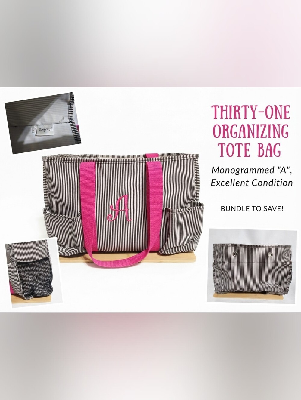 Thirty-one Striped Organizer Tote with Hot Pink Handles